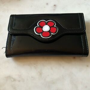 Black faux vinyl red flower wallet